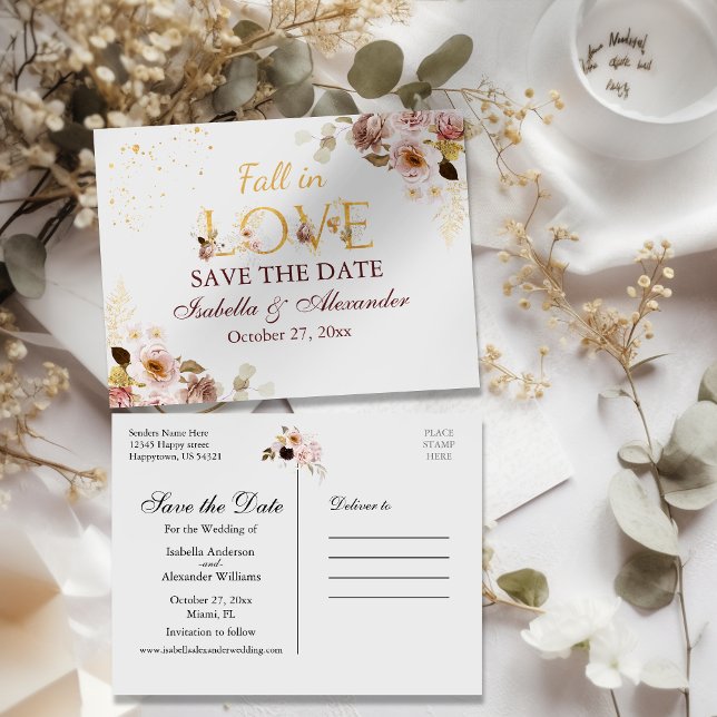 Blush Peony & Gold Burgundy Save The Date-Brevkort Meddelande Vykort (Skapare uppladdad)