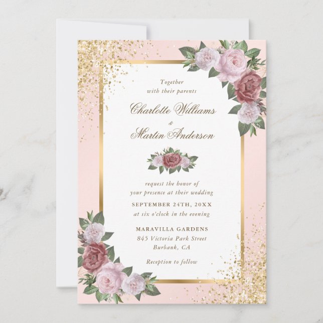 Blush Pink and Gold Confetti Floral Wedding Inbjudningar (Framsida)