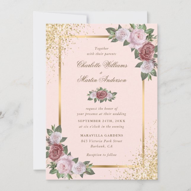Blush Pink and Gold Frame Confetti Floral Wedding Inbjudningar (Framsida)