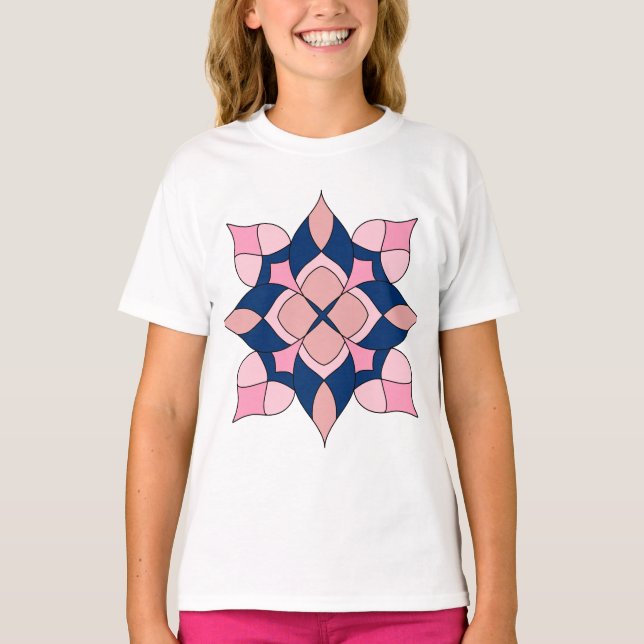 Blush Pink and Navy Geometric Floral Tiles T Shirt (Framsida)
