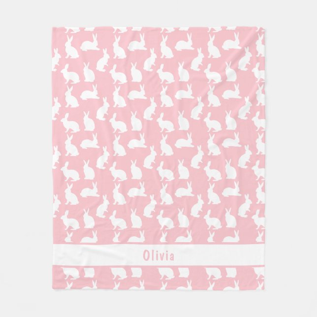 Blush Pink And White Bunny Pattern With Name Fleecefilt (Framsidan)