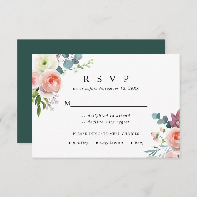 Blush Pink and White Floral Wedding Response Card OSA Kort (Fram/baksida)
