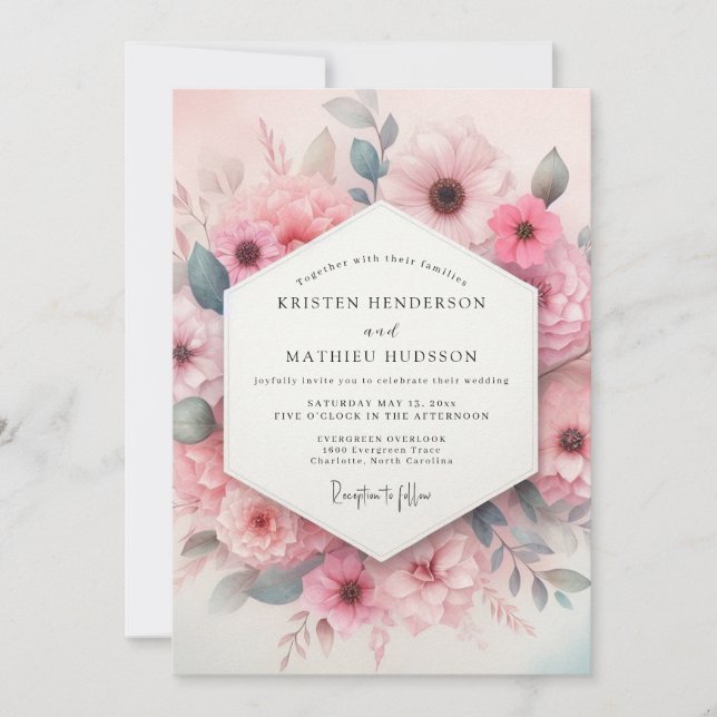 Blush Pink Aquarelle Bloom Wedding Inbjudningar (Framsida)
