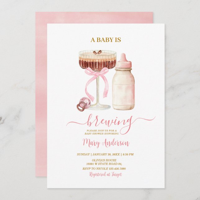 Blush Pink Baby Is Brewing Milk Bottle Baby Shower Inbjudningar (Fram/baksida)