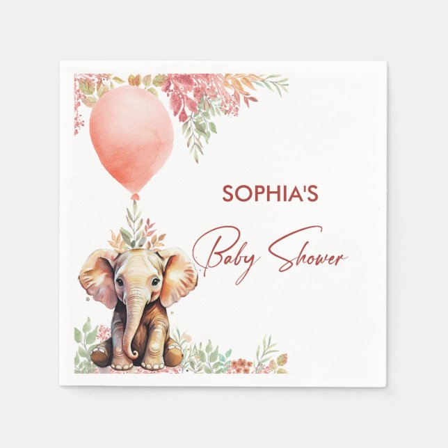 Blush Pink Balloon Floral Elephant Baby Shower Pappersservett (Framsidan)