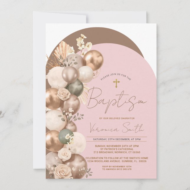 Blush Pink Baptism  Girl Balloon Inbjudningar (Framsida)
