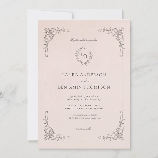Blush Pink Baroque Frame I Wedding Invitation Inbjudningar (Framsida)