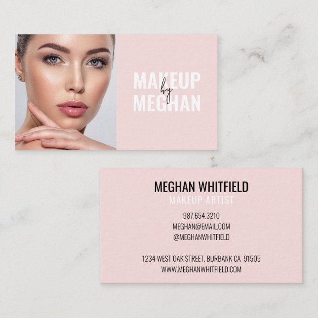 Blush Pink Black Modern Photo Makeup Business Card Visitkort (Fram/baksida)