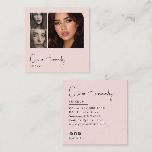 Blush Pink Black Script 3 Photo Makeup  Fyrkantigt Visitkort (Fram/baksida)