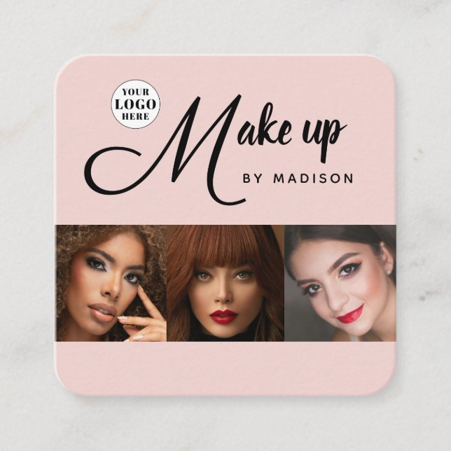 Blush Pink Black Script 3 Photo Makeup Fyrkantigt Visitkort (Framsida)