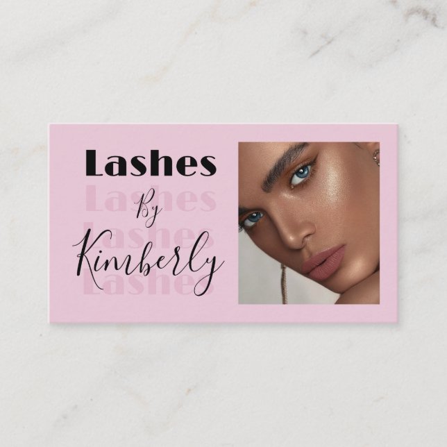 Blush Pink Black Script Photo Lashes Business Card Visitkort (Framsida)