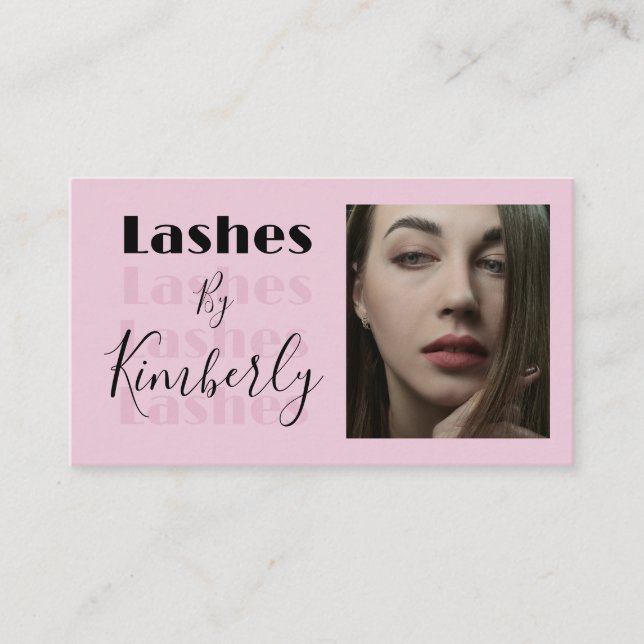 Blush Pink Black Script Photo Lashes Business Card Visitkort (Framsida)