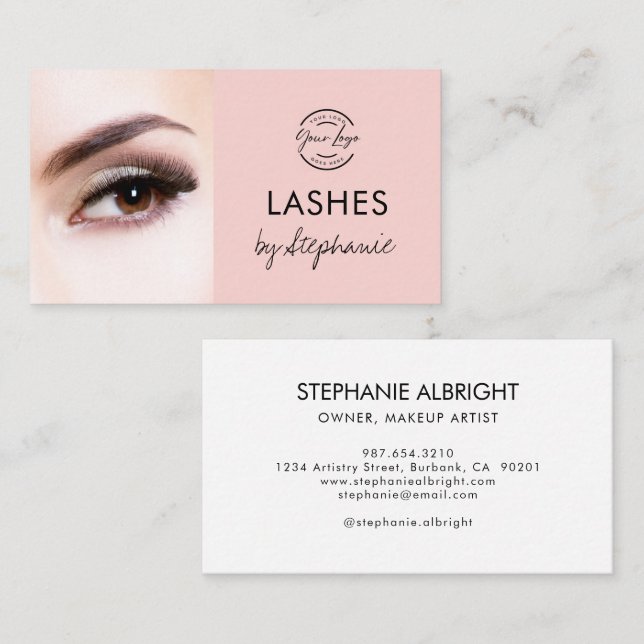 Blush Pink Black Script Photo Lashes Studio Visitkort (Fram/baksida)