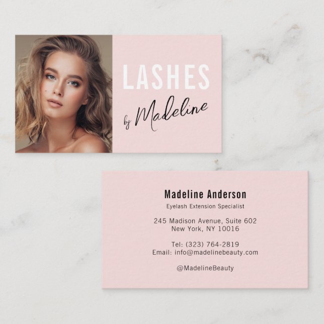 Blush Pink Black Script Photo Lashes Studio Visitkort (Fram/baksida)