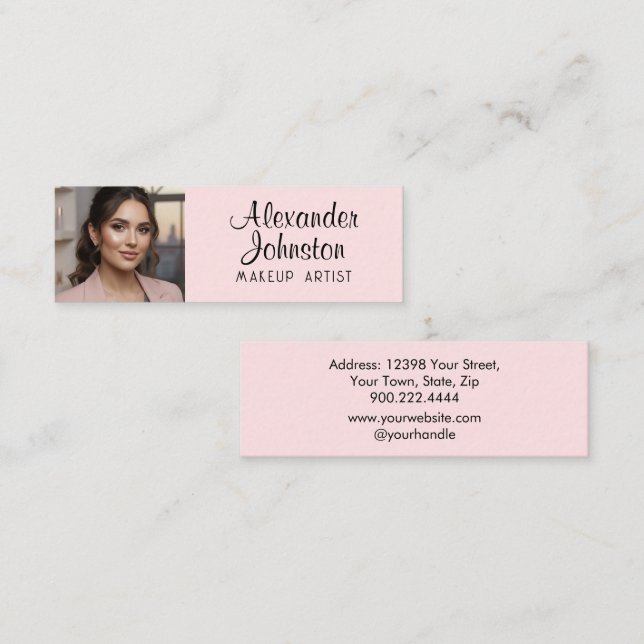 Blush Pink Black Script Photo Makeup Business Card Mini Visitkort (Fram/baksida)