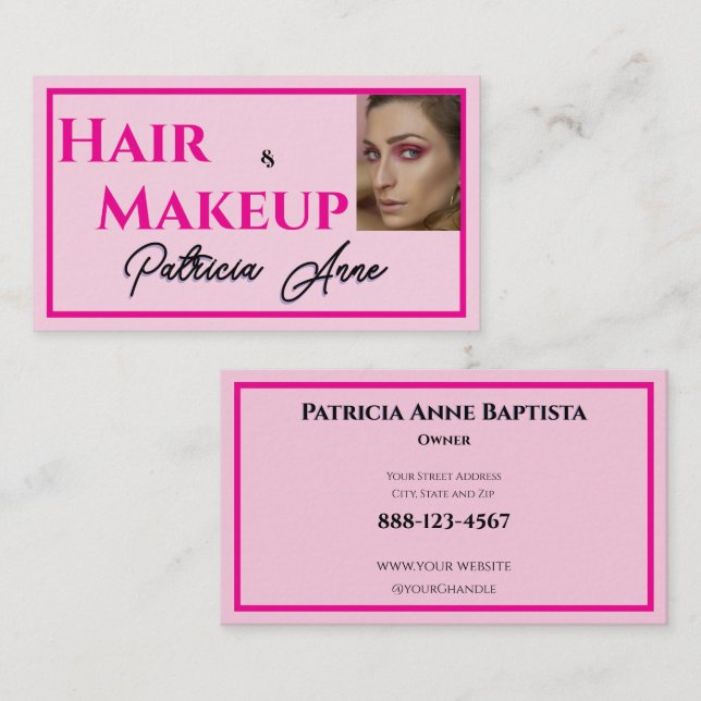 Blush Pink Black Script Photo Makeup Business Card Visitkort (Fram/baksida)