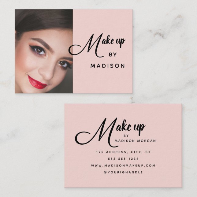 Blush Pink Black Script Photo Makeup Business Card Visitkort (Fram/baksida)