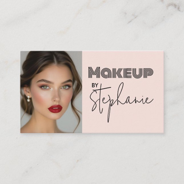 Blush Pink Black Script Photo Makeup Business Card Visitkort (Framsida)