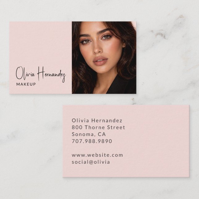 Blush Pink Black Script Photo Makeup Business Card Visitkort (Fram/baksida)