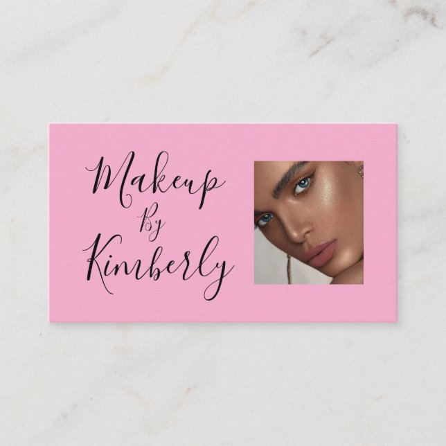 Blush Pink Black Script Photo Makeup Business Card Visitkort (Framsida)