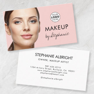 Blush Pink Black Script Photo Makeup Business Card Visitkort