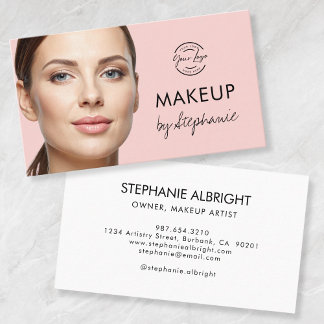 Blush Pink Black Script Photo Makeup Business Card Visitkort