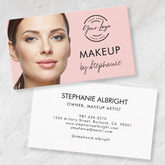 Blush Pink Black Script Photo Makeup Business Card Visitkort