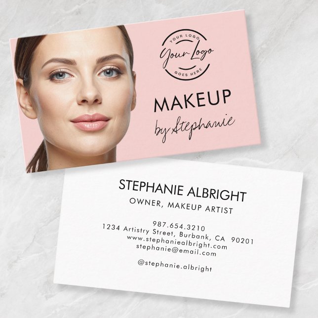 Blush Pink Black Script Photo Makeup Business Card Visitkort (Skapare uppladdad)