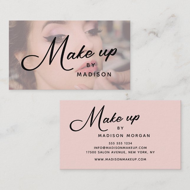 Blush Pink Black Script Photo Makeup Business Card Visitkort (Skapare uppladdad)