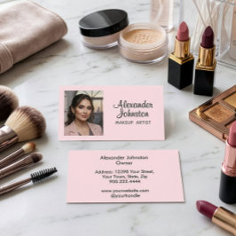 Blush Pink Black Script Photo Makeup Business Card Visitkort