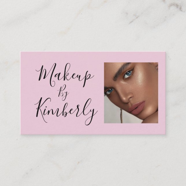 Blush Pink Black Script Photo Makeup Business Card Visitkort (Framsida)