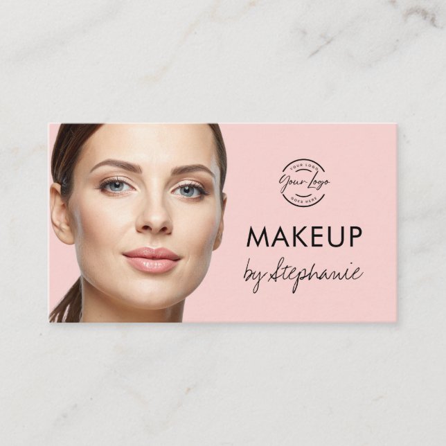 Blush Pink Black Script Photo Makeup Business Card Visitkort (Framsida)