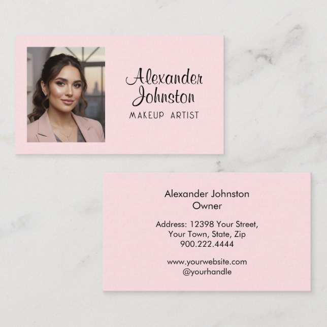 Blush Pink Black Script Photo Makeup Business Card Visitkort (Fram/baksida)