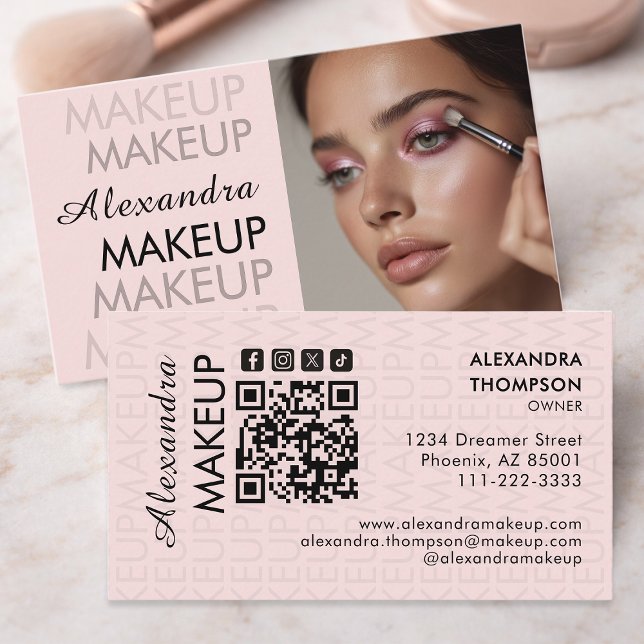 Blush Pink Black Script Photo Makeup  Business Visitkort (Skapare uppladdad)