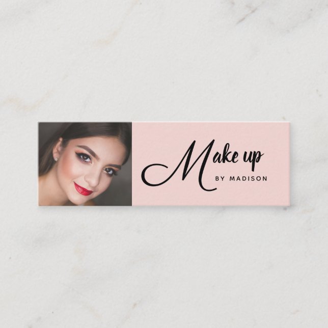 Blush Pink Black Script Photo Makeup Mini Business Visitkort (Framsida)