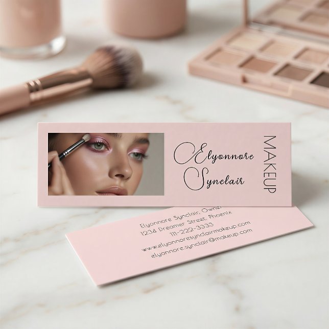 Blush Pink Black Script Photo Makeup Mini  Mini Visitkort (Skapare uppladdad)