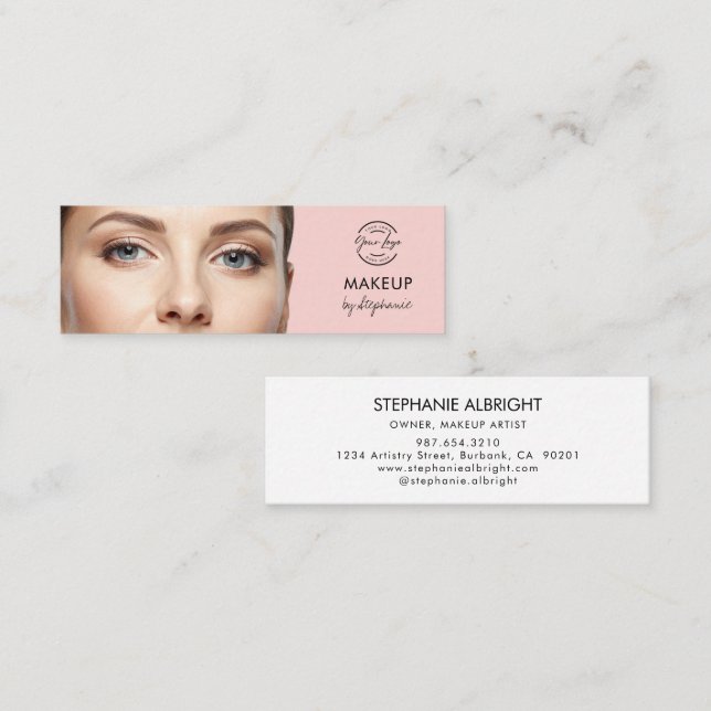 Blush Pink Black Script Photo Makeup Mini Visitkort (Fram/baksida)