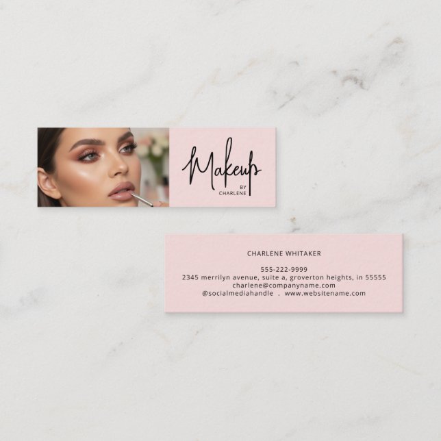 Blush Pink Black Script Photo Makeup Mini Visitkort (Fram/baksida)