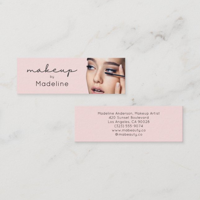 Blush Pink Black Script Photo Makeup Mini Visitkort (Fram/baksida)