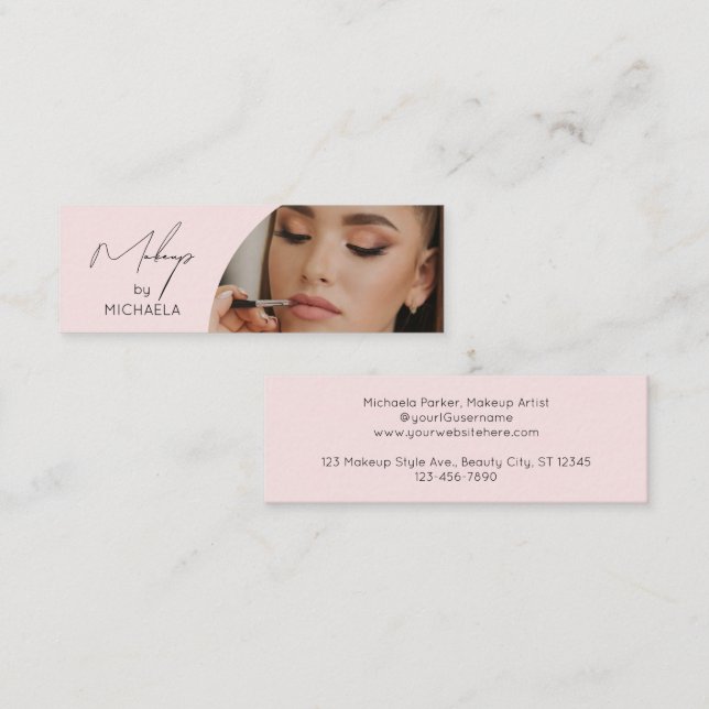 Blush Pink Black Script Photo Makeup Modern Mini Visitkort (Fram/baksida)