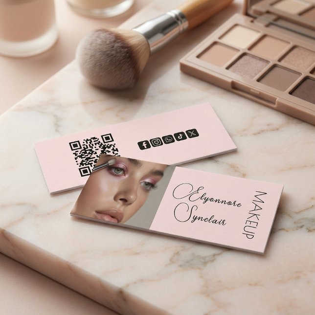 Blush Pink Black Script Photo Makeup QR Social Mini Visitkort (Skapare uppladdad)