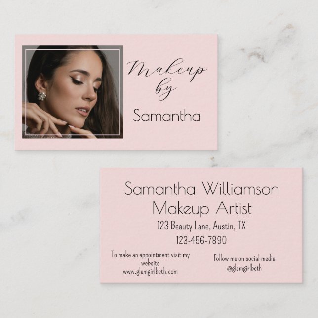 Blush Pink Black Script Photo Makeup Visitkort (Fram/baksida)