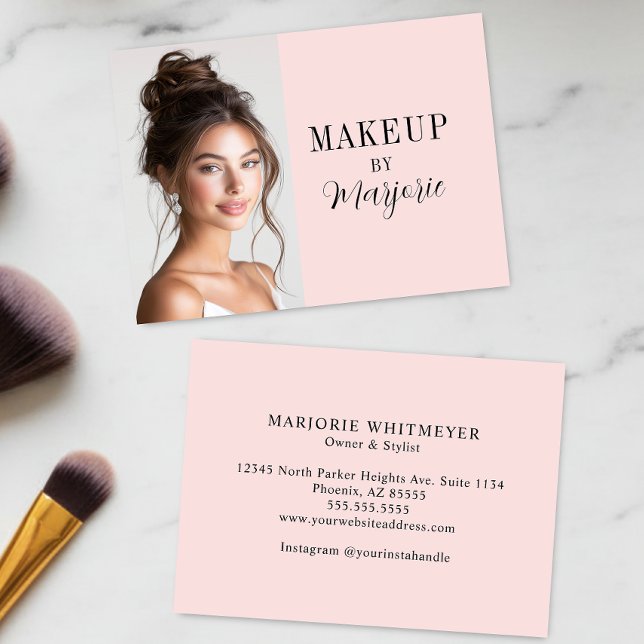 Blush Pink Black Script Photo Makeup Visitkort (modern black blush pink script photo makeup business card elegant minimalist simple)