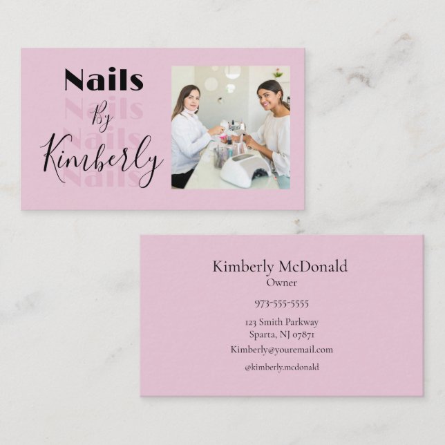 Blush Pink Black Script Photo Nails Business Card Visitkort (Fram/baksida)