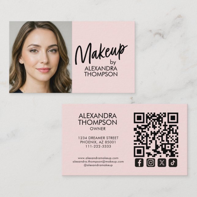 Blush Pink Black Script Qr Code Social Icon Makeup Visitkort (Fram/baksida)