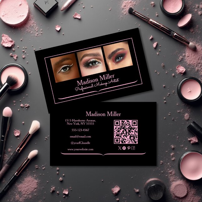 Blush Pink Black Social Icon QR Code Photo Makeup Visitkort (Skapare uppladdad)