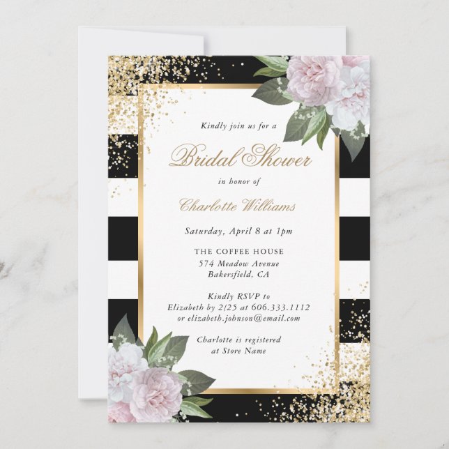Blush Pink Black White Gold Floral Bridal Shower Inbjudningar (Framsida)