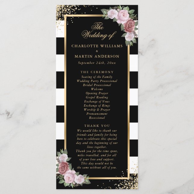 Blush Pink Black White Gold Floral Wedding Program (Framsida)
