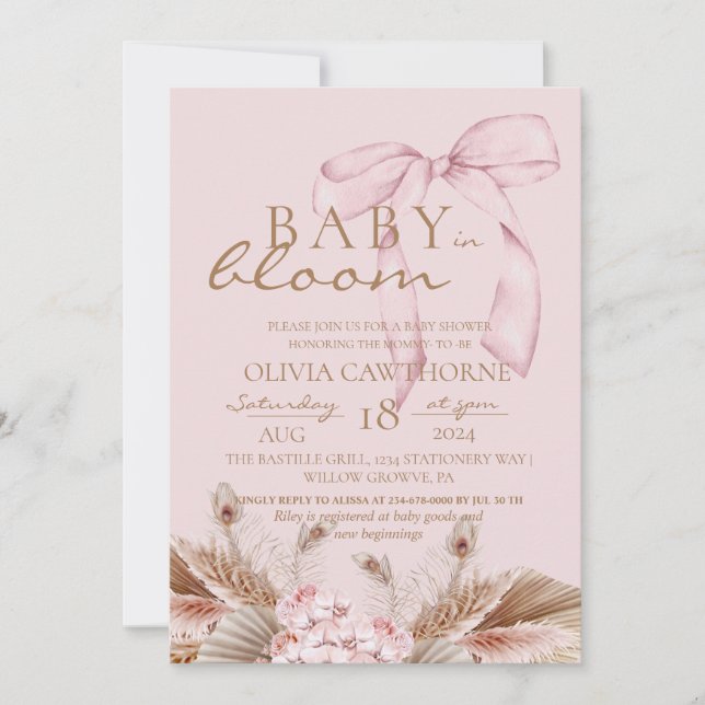 Blush Pink Boho Baby in bloom Baby Shower  Inbjudningar (Framsida)