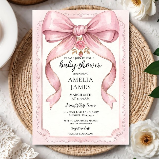 Blush Pink Bow Baby Shower Invitation Editable Ele Inbjudningar (Skapare uppladdad)